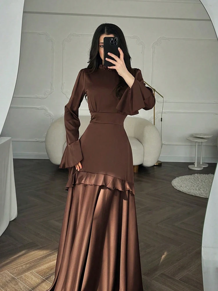 Nouveautés Automne 2026 : Robe longue unie pour femme en satin, cintrée à la taille, à manches évasées et longues – Élégante et gracieuse