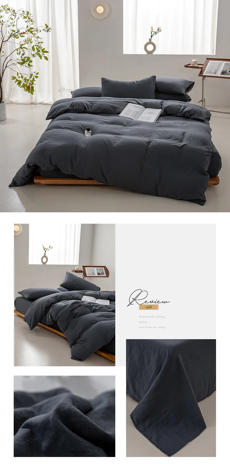 1pc Solid Color Duvet Cover 100% Washed Cotton Quilt Cover Japanese Minimalist Style Bedding Single Double King Queen Size Bed