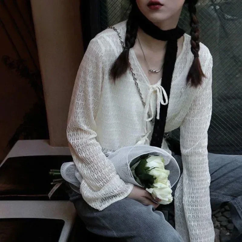 

Women Long Sleeve Blouse Tie Front Pointelle Knit Cardigan Hollow Out Jacket Shrug French Chic Cottagecore Boho Spring Summer
