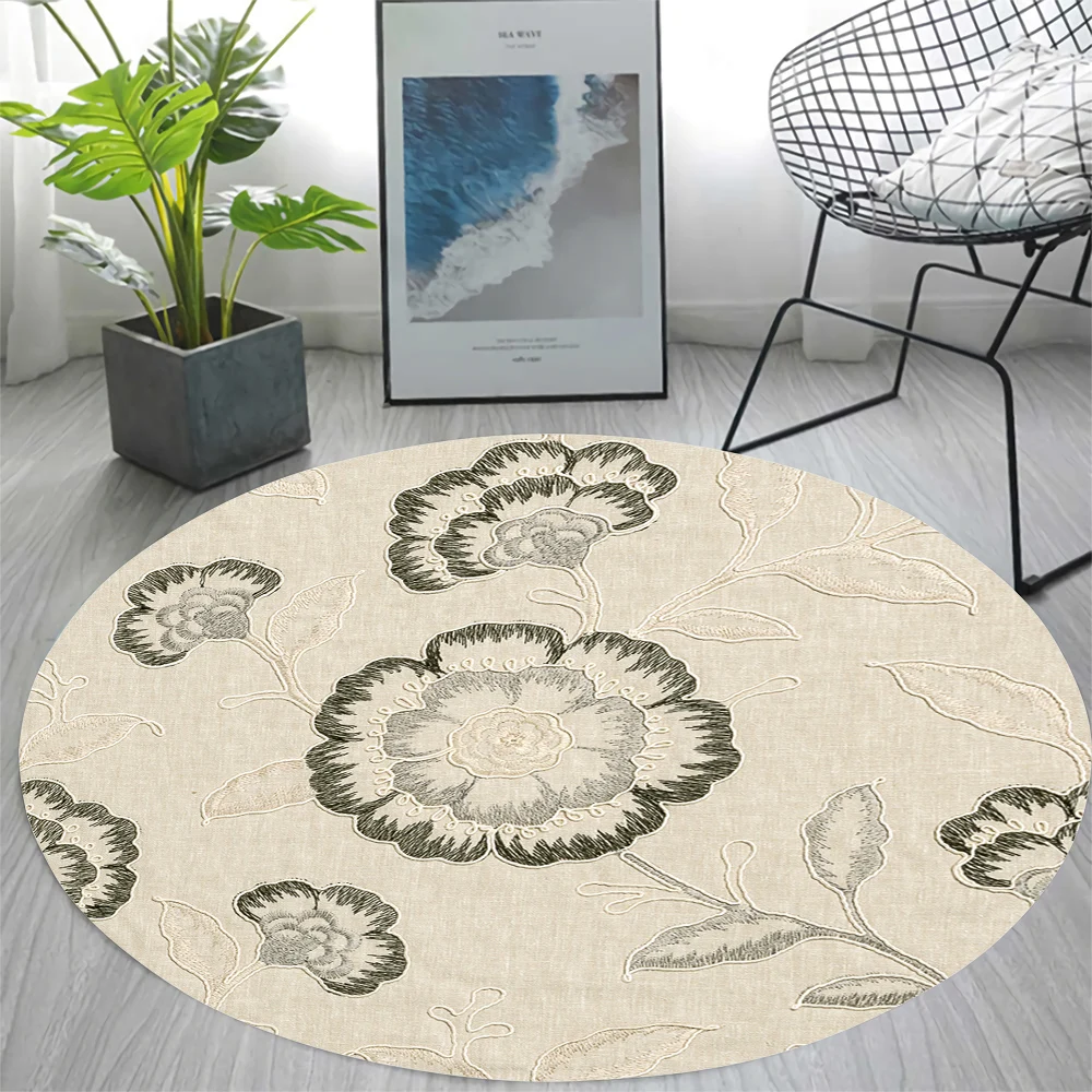 CLOOCL Flannel Round Carpet Retro Nordic Palace Style Rug Flower Pattern Round Carpet Home Decor Anti-slip Rug Chair Mat