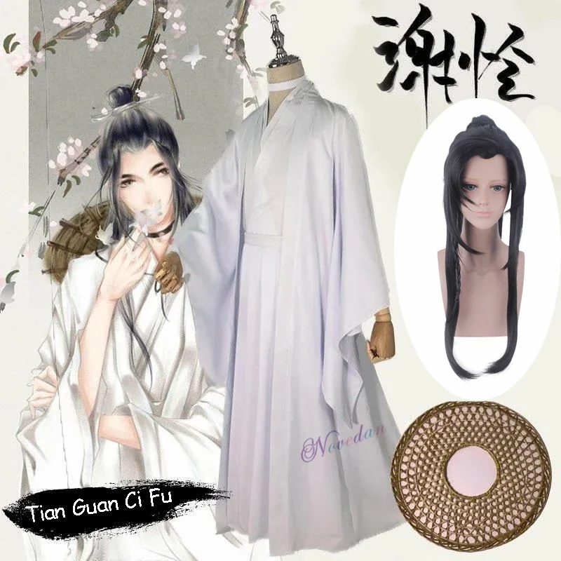 Tian Guan Ci Fu fantasia cosplay para homens e mulheres, Xie Lian, perucas Xielian, chapéu de bambu, vestido chinês Hanfu, roupa anime