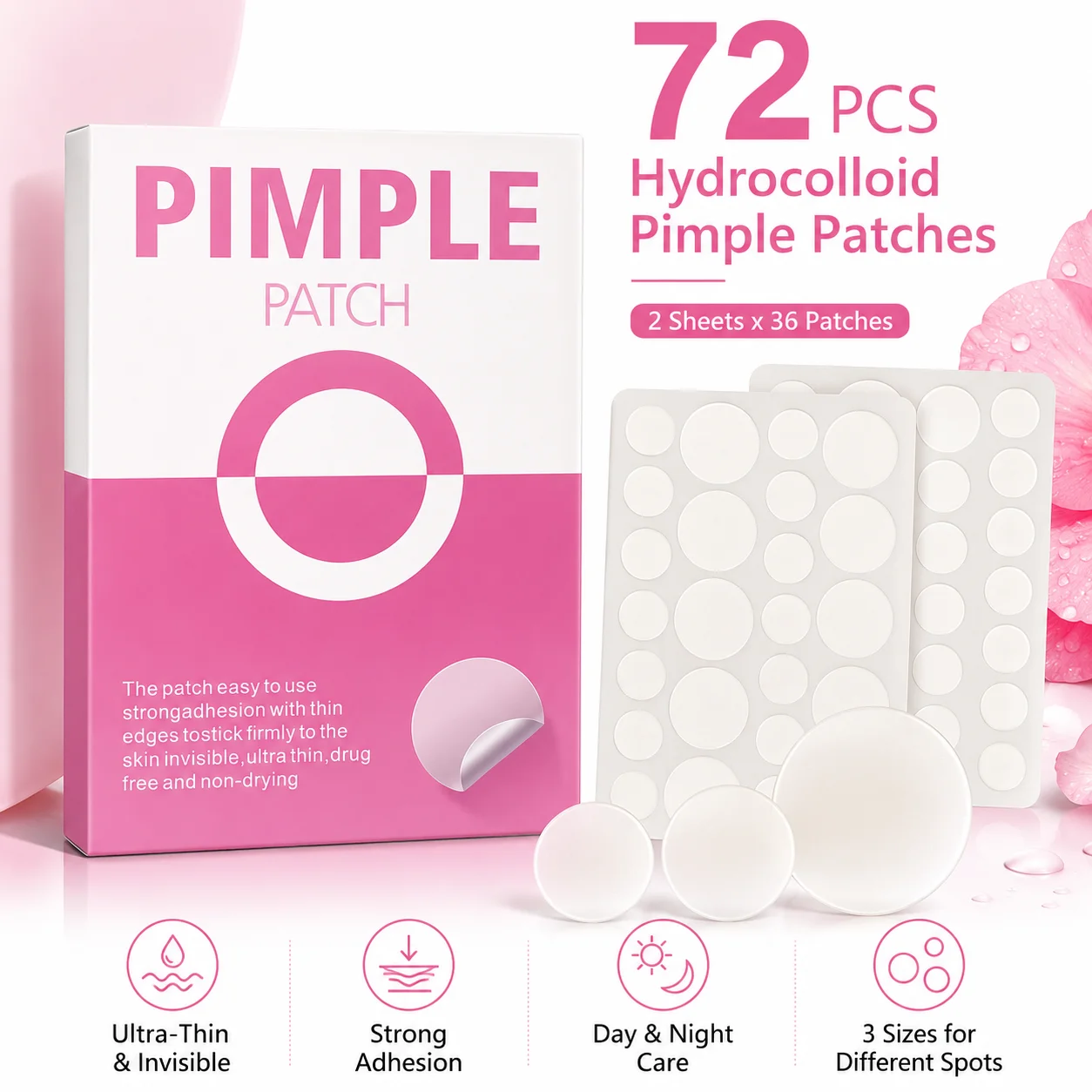 72PCS Acne Patches White Round Dot Hydrocolloid Face Spot Cover Stickers Invisible Skin Patches for Daily Skin Care
