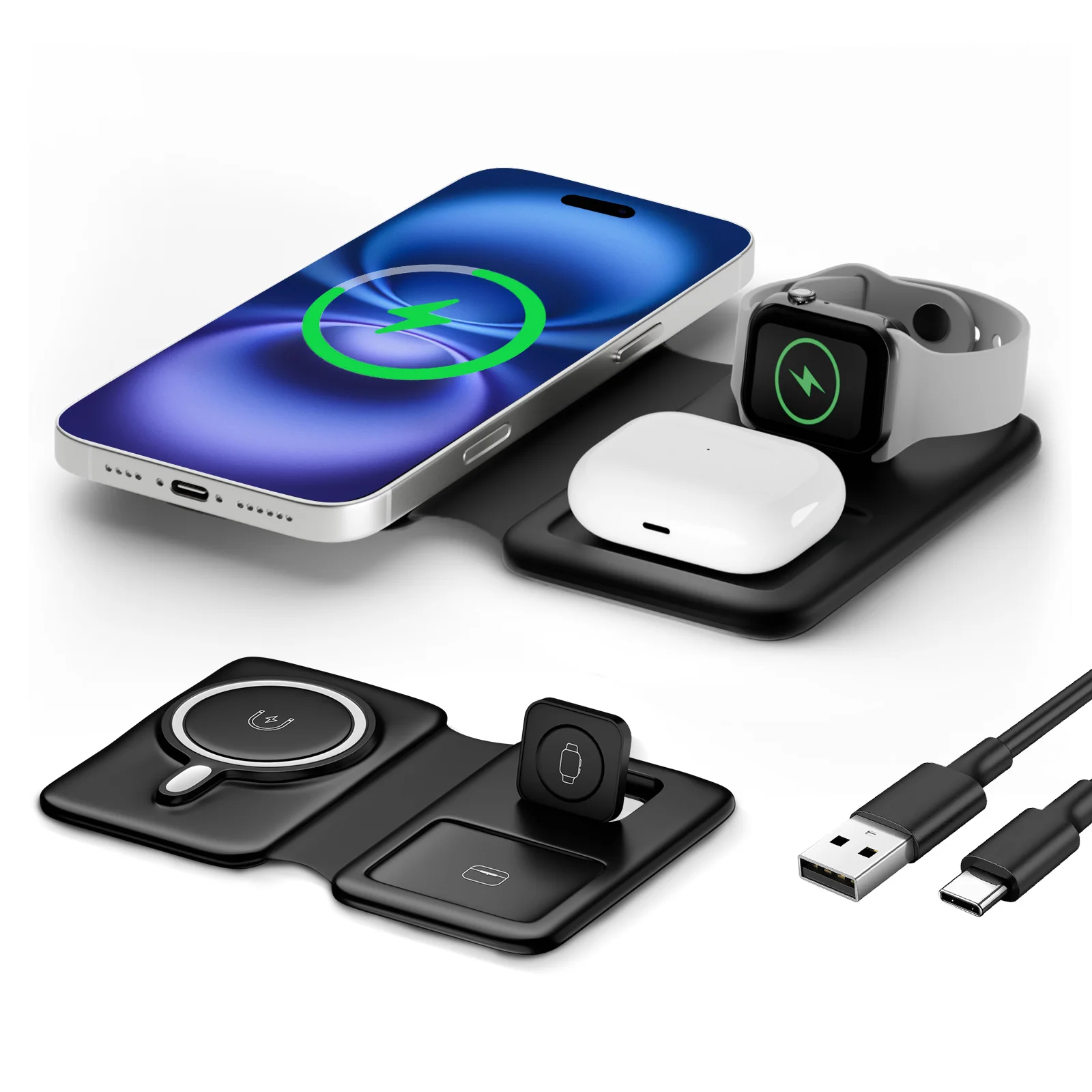 15W Magnetic 3 in 1 Wireless Charger Station Foldable Fast Charging  Type-C For iPhone 17 16 15 14 Xiaomi SAMSUNG iWatch AirPods
