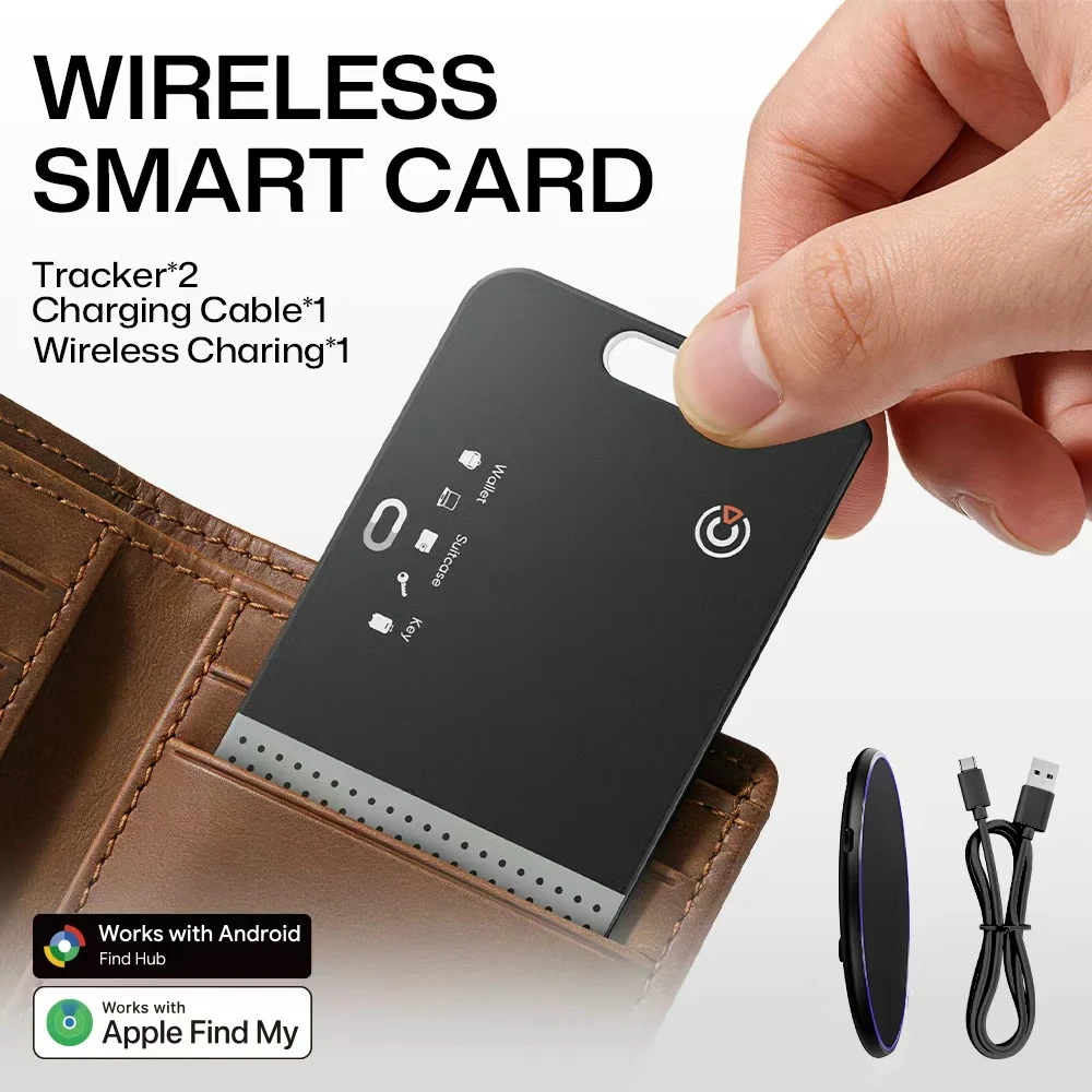 Lot de 2 traceurs portables 2,0 mm pour Apple Find My & Google Find Hub, suivi mondial, étiquette intelligente anti-perte, livrés avec chargeur sans fil