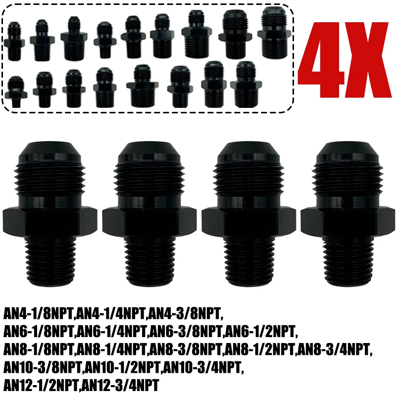 4X Fuel Oil Cooler Hose Adapter Flare Male AN4 AN6 AN8 AN10 AN12 To 1/2NPT 1/4NPT 1/8NPT 3/8NPT 3/4NPT Thread Straight Fitting