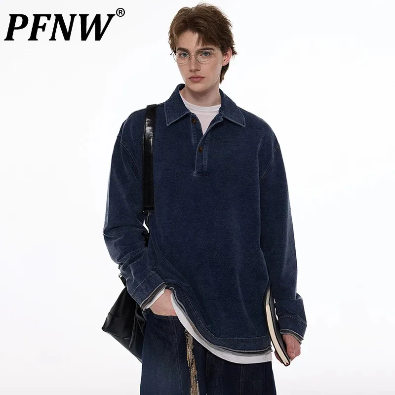 

PFNW 2024 Autumn Fashion Vintage Knitted Denim Shirt Male Lapel Pullover Worn-out Washed Design Casual Loose Men's Tops 28W4349