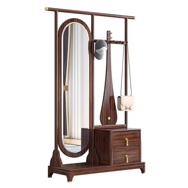 

New Chinese-style household full-body full-length mirror, hanger, solid wood art with drawer coat rack