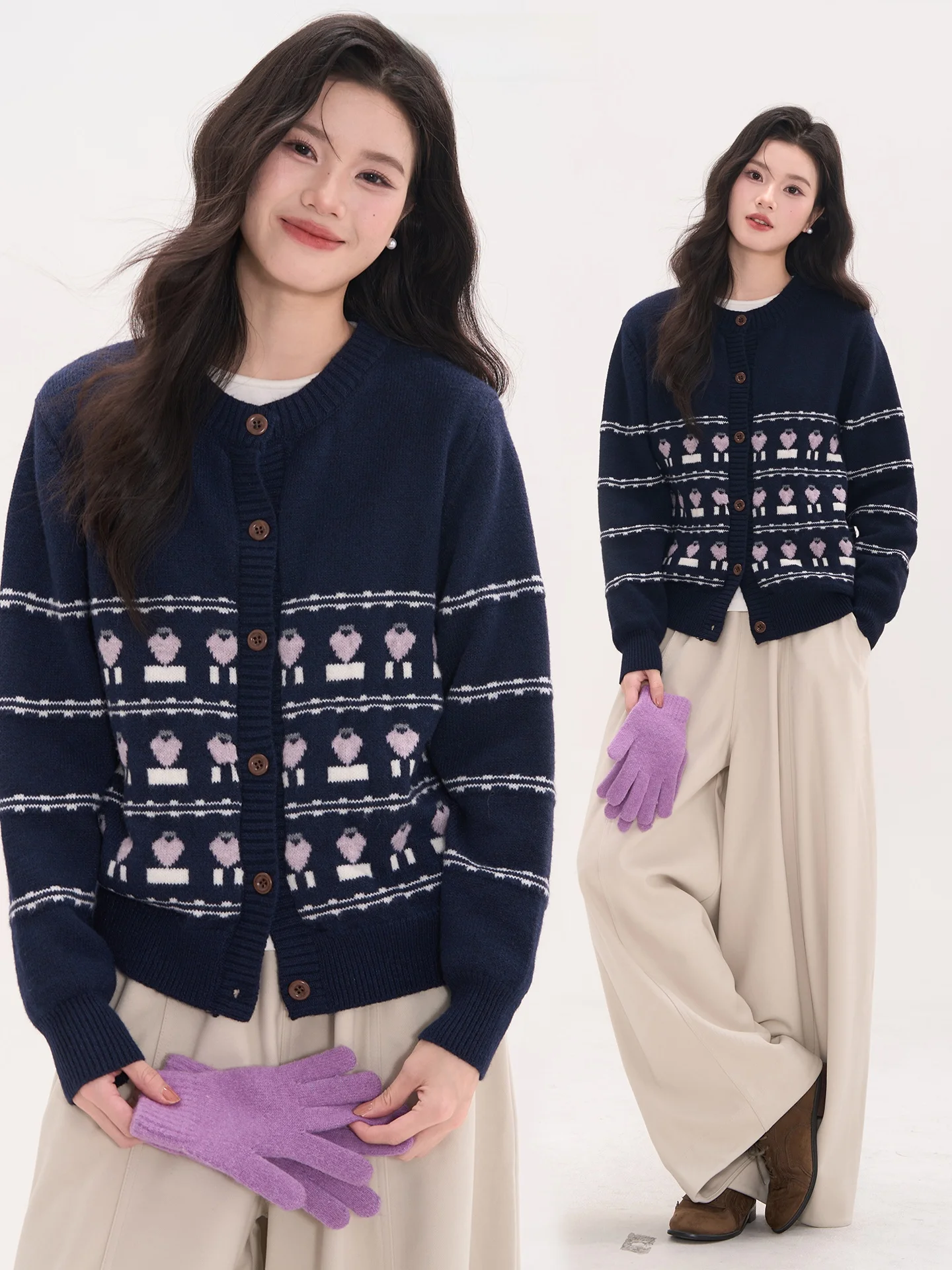 

Heme 6 Woolen Knitted Sweater round Ne Open Cardigan Women's Autumn Sweet Sle Heart Pattern Window Display Faionable Ca...