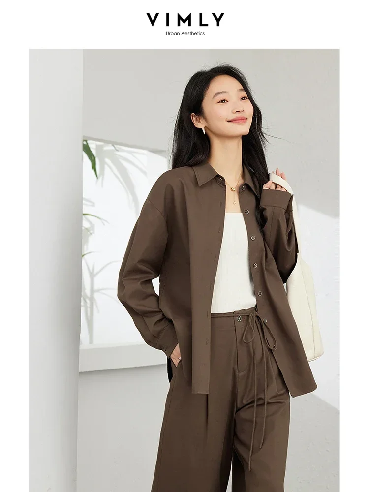 VIMLY Fashion Commuter 2PCS Women Work OL Pants Sets Autumn Long Sleeve Button Down Shirt+Wide Leg Trouser Simple Casual Suit