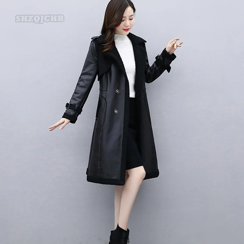 

2022 Leather Trench Jacket Leather Coat Women's Winter Long Casual Lapel Belt Slim Cotton Coat