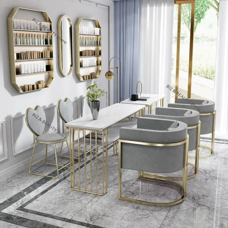 

Nordic Gold Iron Nail Desk Set Double-Layer Marble Manicure Table Upholstered Sofa Chair Single & Double Sale Salon & Home JT40