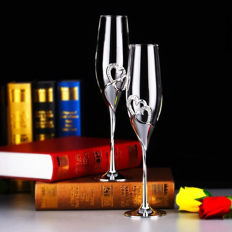 Wedding Champagne Flutes Set,Toasting Flute 2pcs,Rhinestone Rimmed Heart Tall Wine Glasses for Anniversary,Valentine Day, Events
