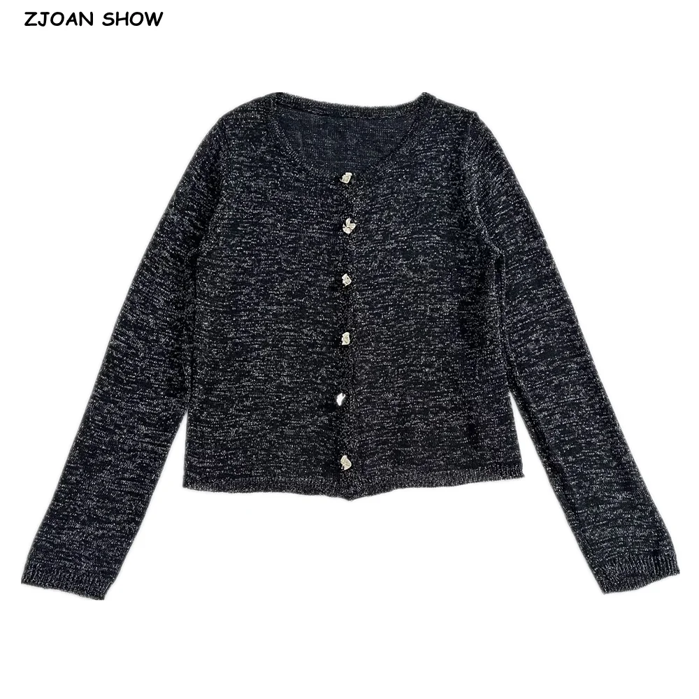 

Осень 202, женский черный с яркой серебряной линией, вязаный кардиган с круглым вырезом и центральными пуговицами, свитер с длинными рукавами, короткий джемпер, трикотаж