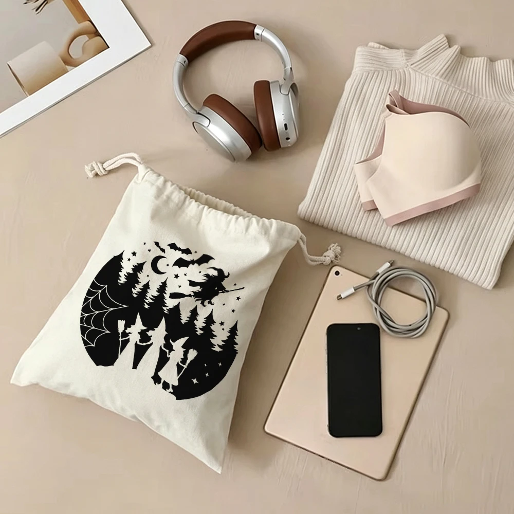 Personalized Witch Moon Drawstring Bags Custom Name Dark Forest Silhouette Halloween Spooky Storage Gifts Pouches for Women Girl