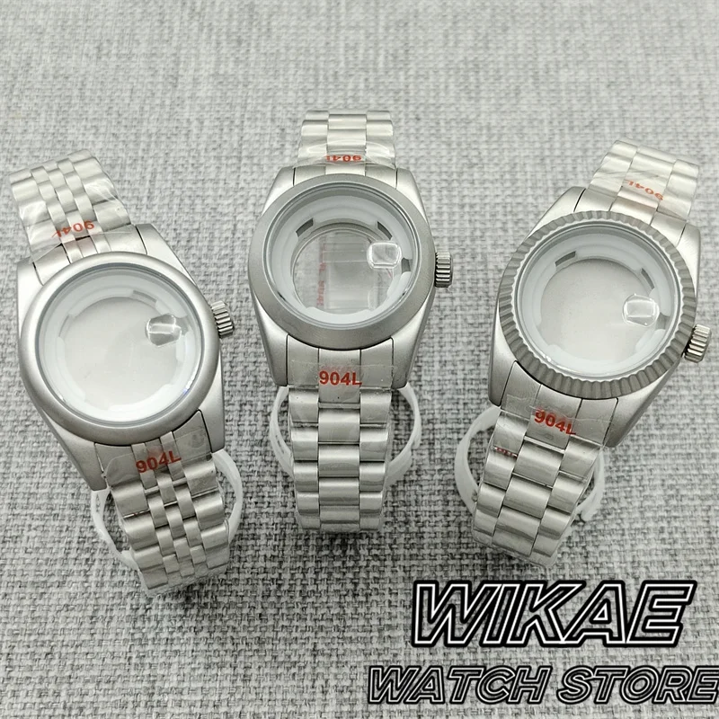 

31mm Silver Stainless Steel NH05 Sand Brushed Watch Case With Strap For NH05 Movement Slope Round Fluted Bezel Sapphire Glass
