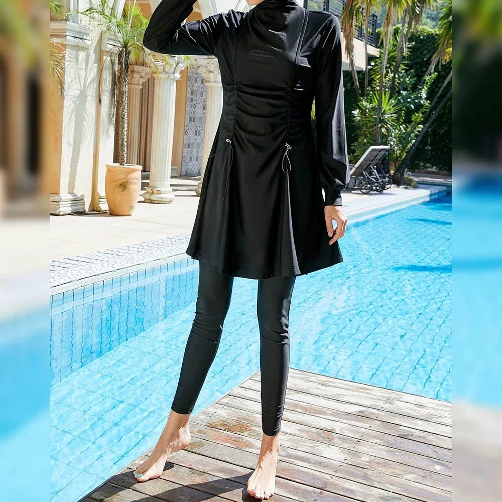 

Черный арабский мусульманский купальник женский скромный хиджаб с длинными рукавами спортивный купальник 3 шт. исламская одежда буркини купальный костюм