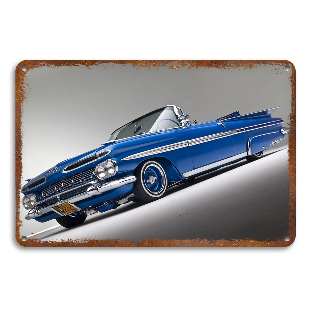 Vintage Blue Convertible Car Metal Tin Sign -  Retro Wall Art for Home, Bar, Cafe, Garage Classic Automotive Design Perfec