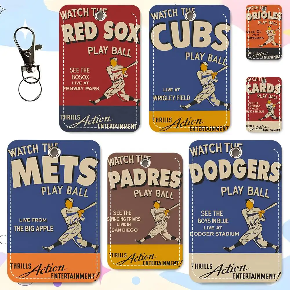 1pc Vintage-Style B-aseball T-eam Card Case Keychain Access Card Bag Key Tag Ring Leather Card Holder Key Ring Access
