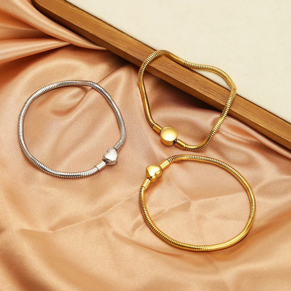 1pc High Quality Snake Bracelet for Women Original Gold Plated Round Heart Clasp Bangle Fit Fashion Party Jewelry Weddings Gifts