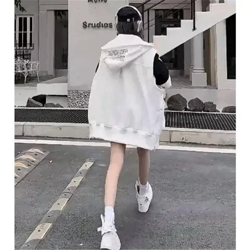 Spring Autumn Mid-Long Large Size Hooded Vest Coat Women 2024 New Fashion Loose Casual White Pure Colour Waistcoat Female