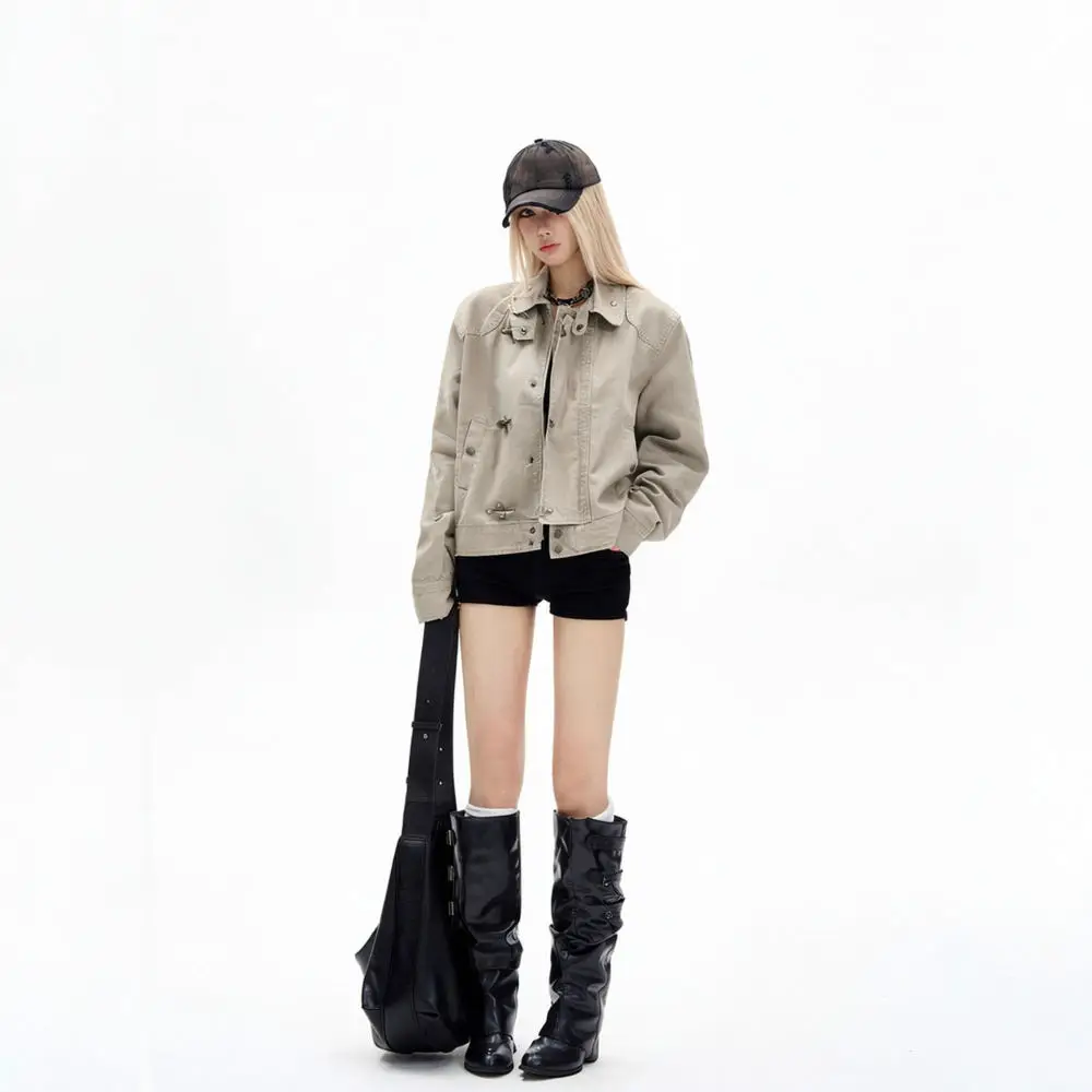Womens Retro Distressed Jacket American Streetwear Loose Fit Lapel Cargo Coat Autumn Casual Long Sleeve Button Up Jacket