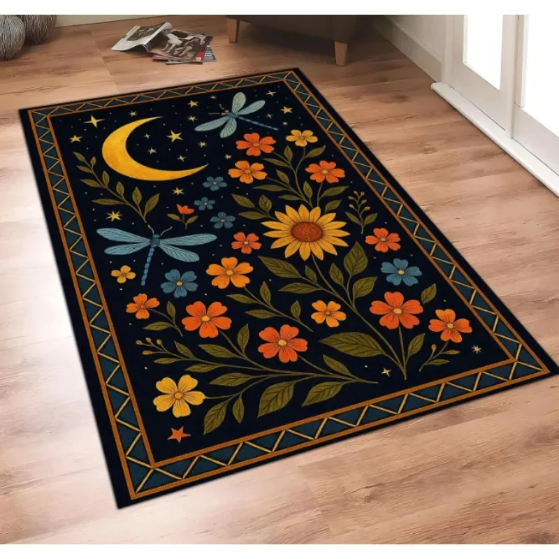Moonlight Garden Rug with Celestial Motifs Featuring A Crescent Moon Dragonflies Nature-inspired Rug for Living Room and Bedroom