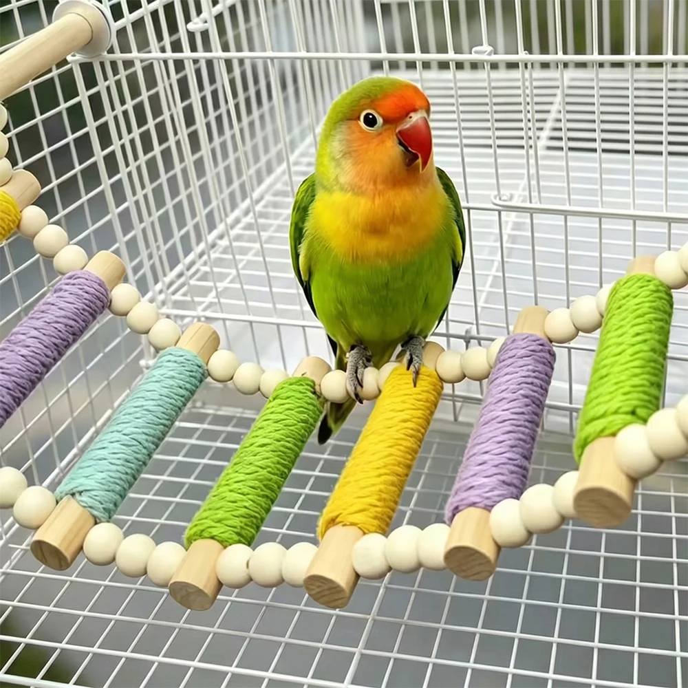 1 Stück Interaktive Bunte Papageien-Kletterleiter Holz-Vogelspielzeug Seilumwickelte Makaron-Sitzstangenbrücke für Nymphensittiche und Wellensittiche Käfigspielzeug – Detail 5