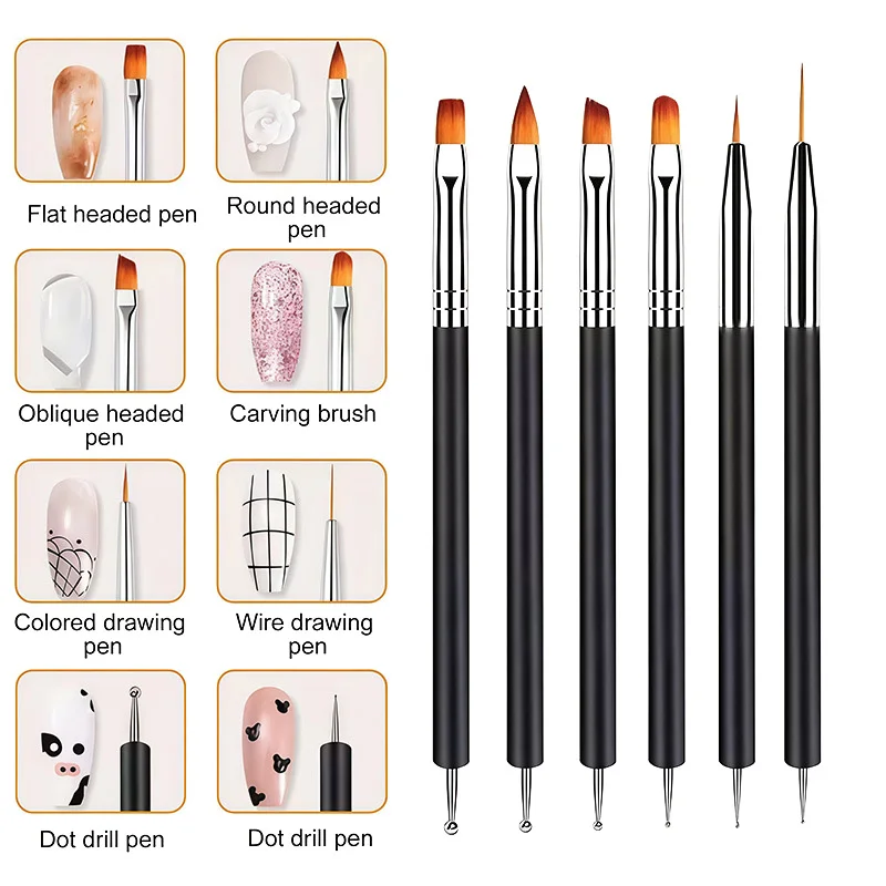 

6Pcs Dual ended Nail Art Brush Set Black Handle Multi-type Tips for Liner UV Gel Painting Carving Manicure Tools Professional