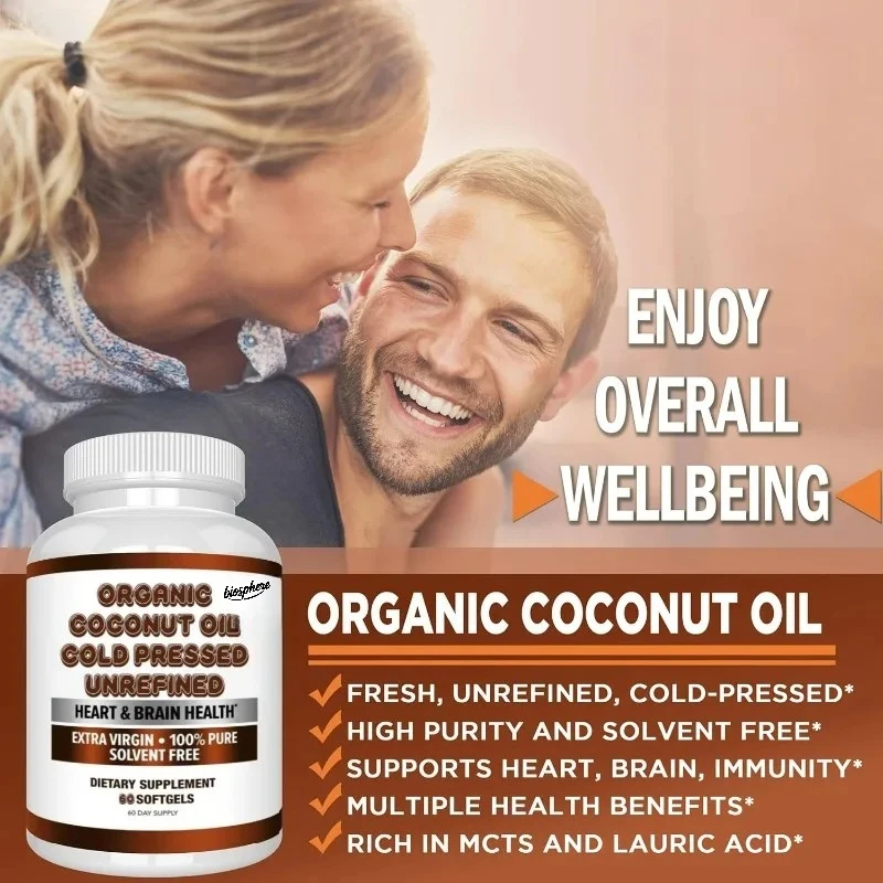 Organic Coconut Oil 2000mg - Skin, Hair, Nail Health Support -60 softgel capsules