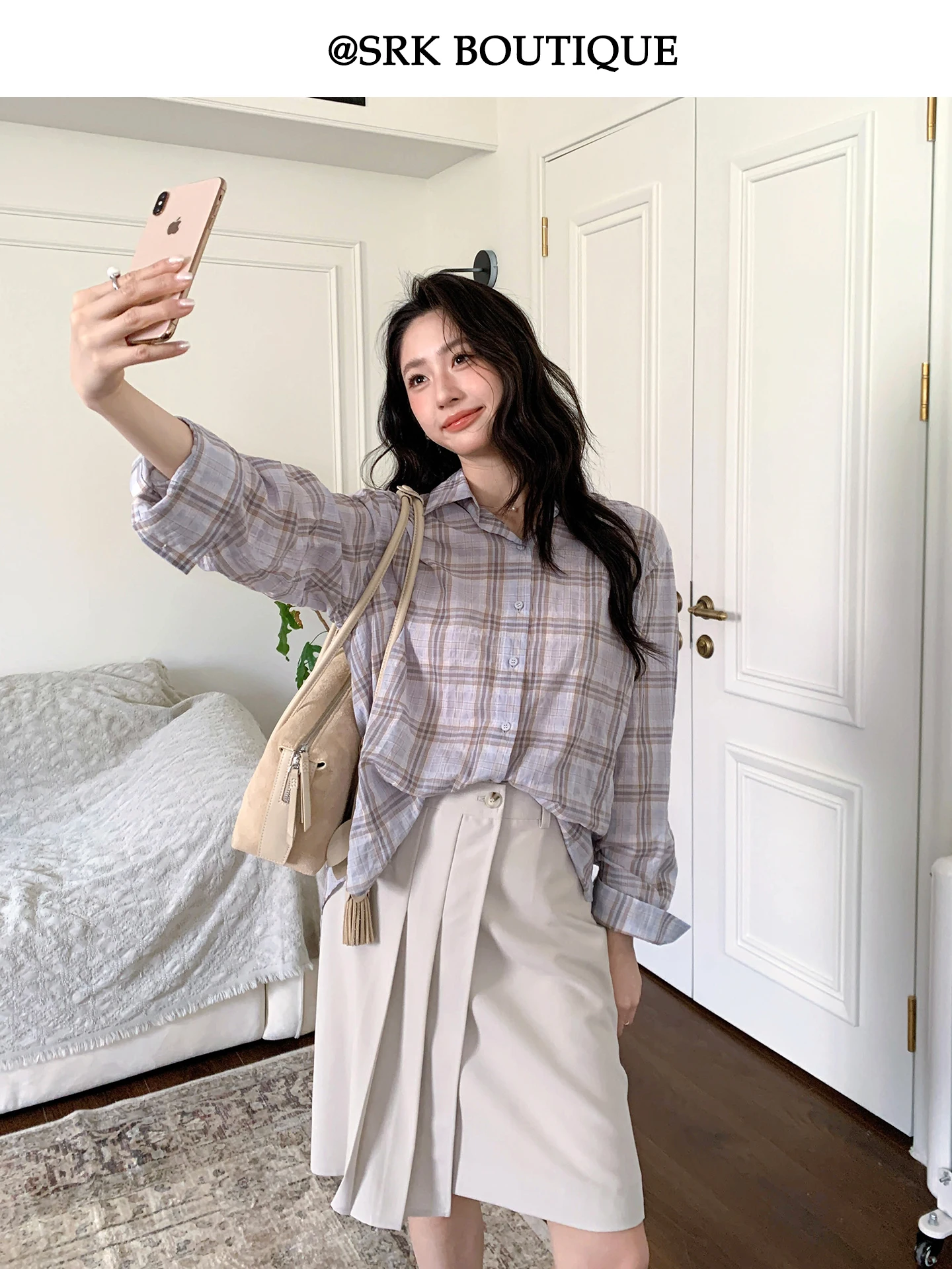 

Винтажная рубашка в клетку SRK, легкий свободный кардиган с длинными рукавами, женский кардиган во французском стиле из чистого хлопка, дышащий, в стиле мокасин.