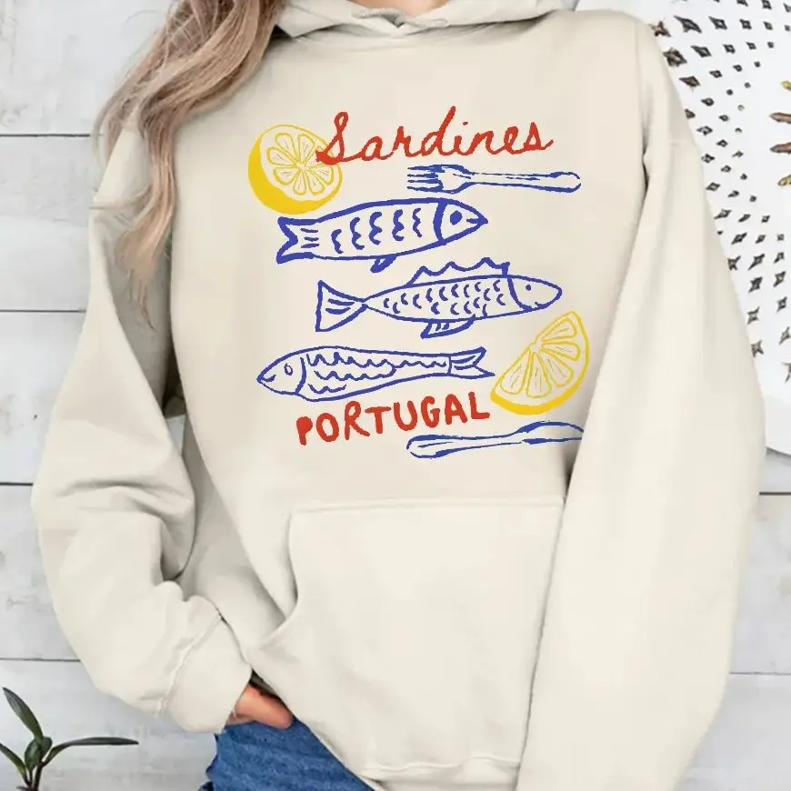 

Retro Vintage Sweatshirt Aesthetic Graphic Hoodies Y2K Tops Casual Daily Wear Unisex Stylish Pullover Sardina Portugal Lemon