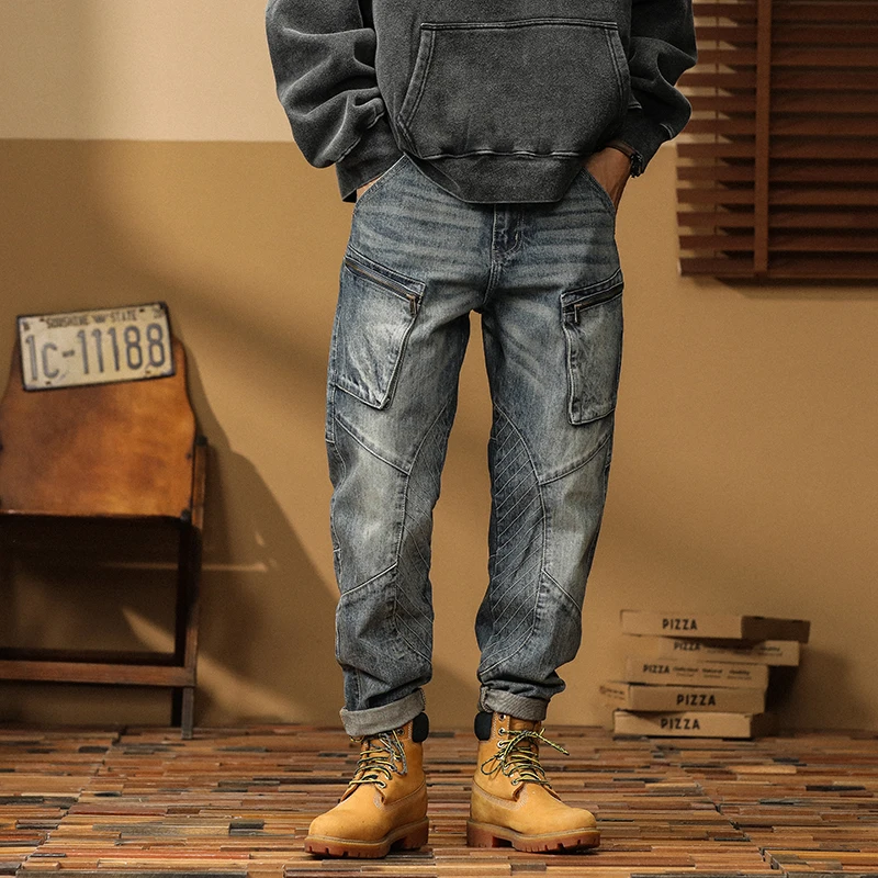 

Men's loose autumn personalized workwear jeans men's retro American splicing high quality Harem pants baggy jeans cargo pants