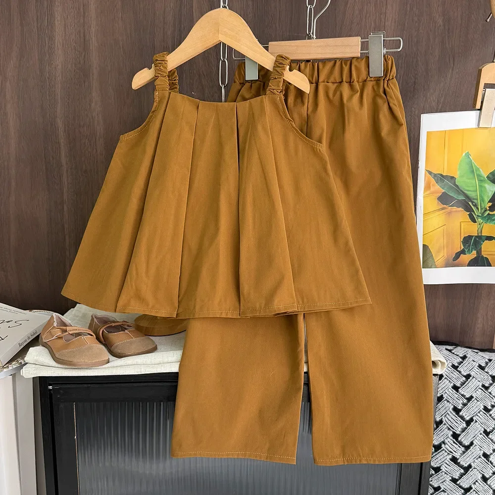 Bear Leader Girls Suit Korean Version Summer New Khaki Pleated T-shirt + Long Pants Two Pieces Set Plain Kids Fashion Outfits