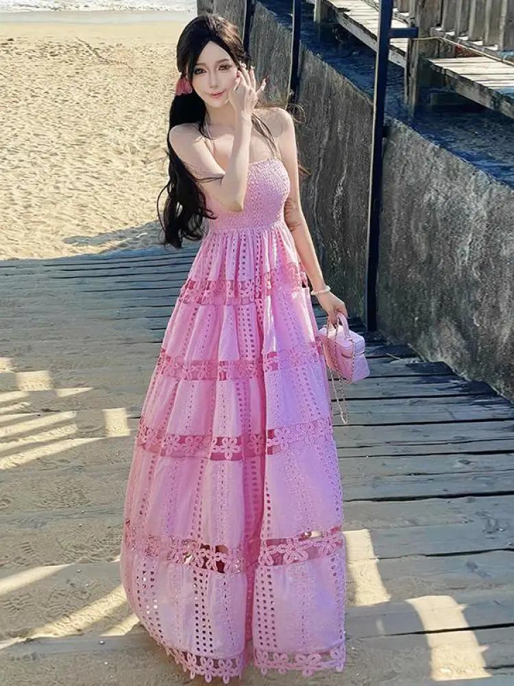 

Summer French Pink Elegant Slim Backless Evening Party Dress Women High Waist Sleeveless Vacation Halter Lace-up Long Dress Chic