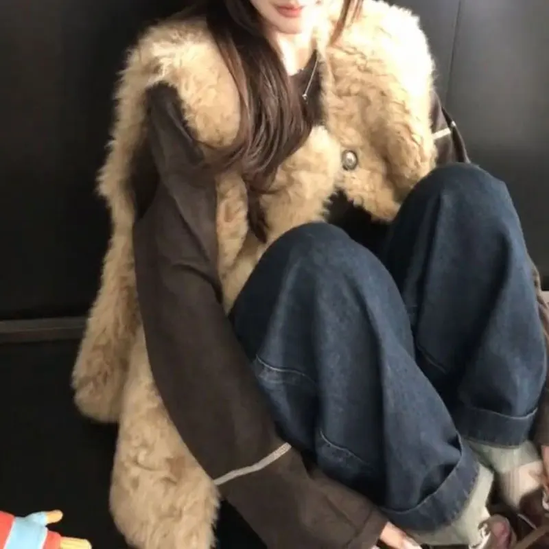 Women Faux Lamb Fur Sleeveless Vest Single Row Buttons Loose Short Plush Waistcoat Autumn Winter Elegant Warm Gilet Outerwear
