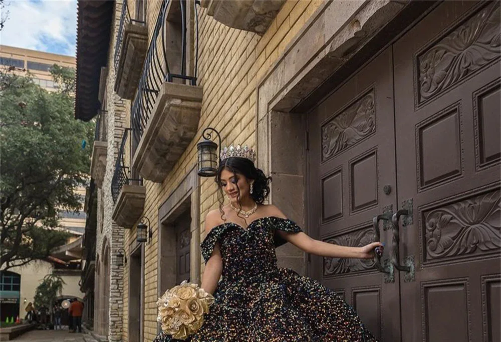 Vestidos de Quinceañera de princesa negra, vestido de baile sin hombros, lentejuelas brillantes, dulces 16, 15 Años, mexicano