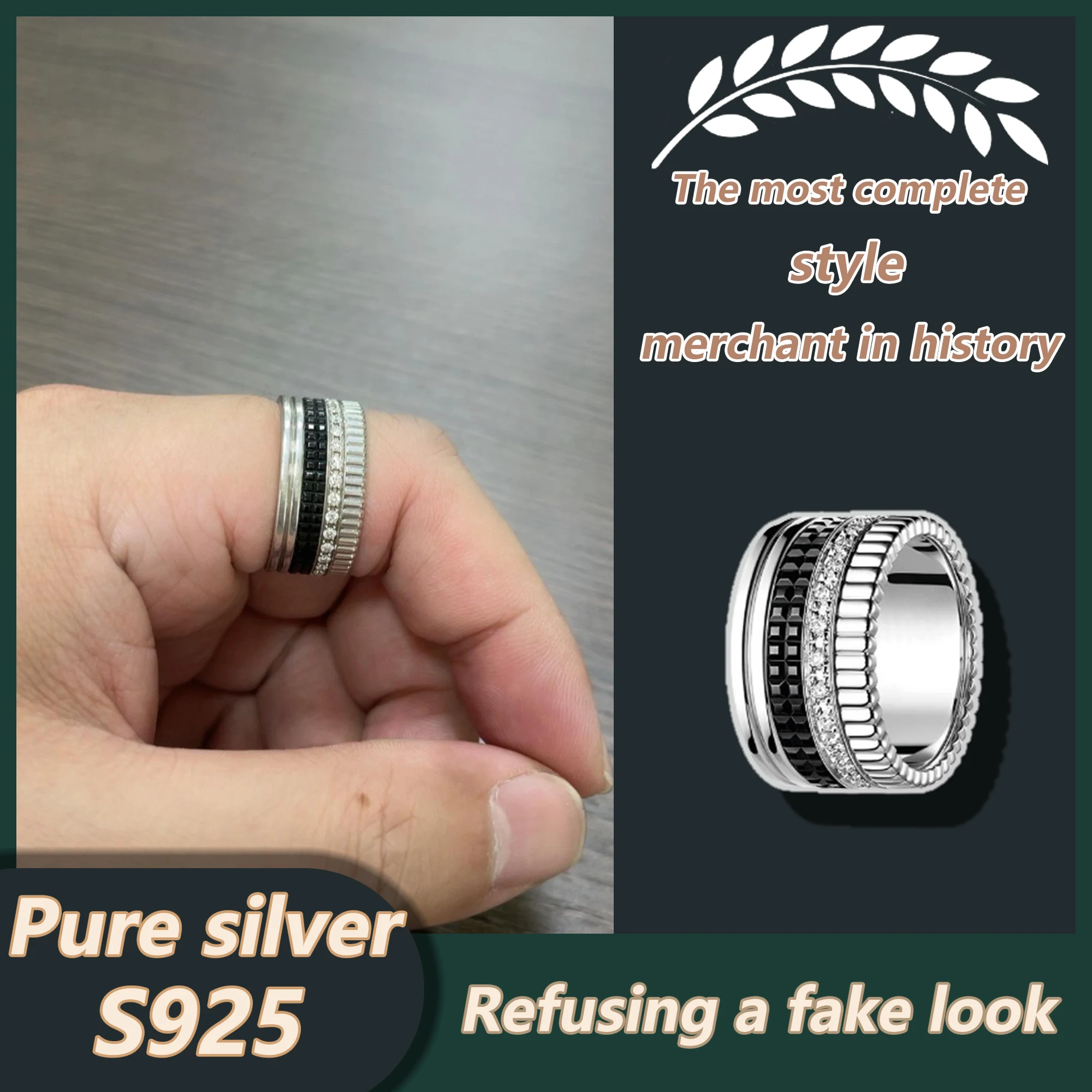 

Black ceramic high-end diamond inlaid ring, pure silver S925 trendy neutral wide version ring, Quatre series holiday gift