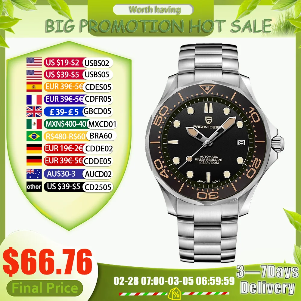 Pagani Design 2025 relojes automáticos para hombres reloj de pulsera mecánico hombres marca superior reloj de lujo para hombres 100m impermeable NH35 acero 007