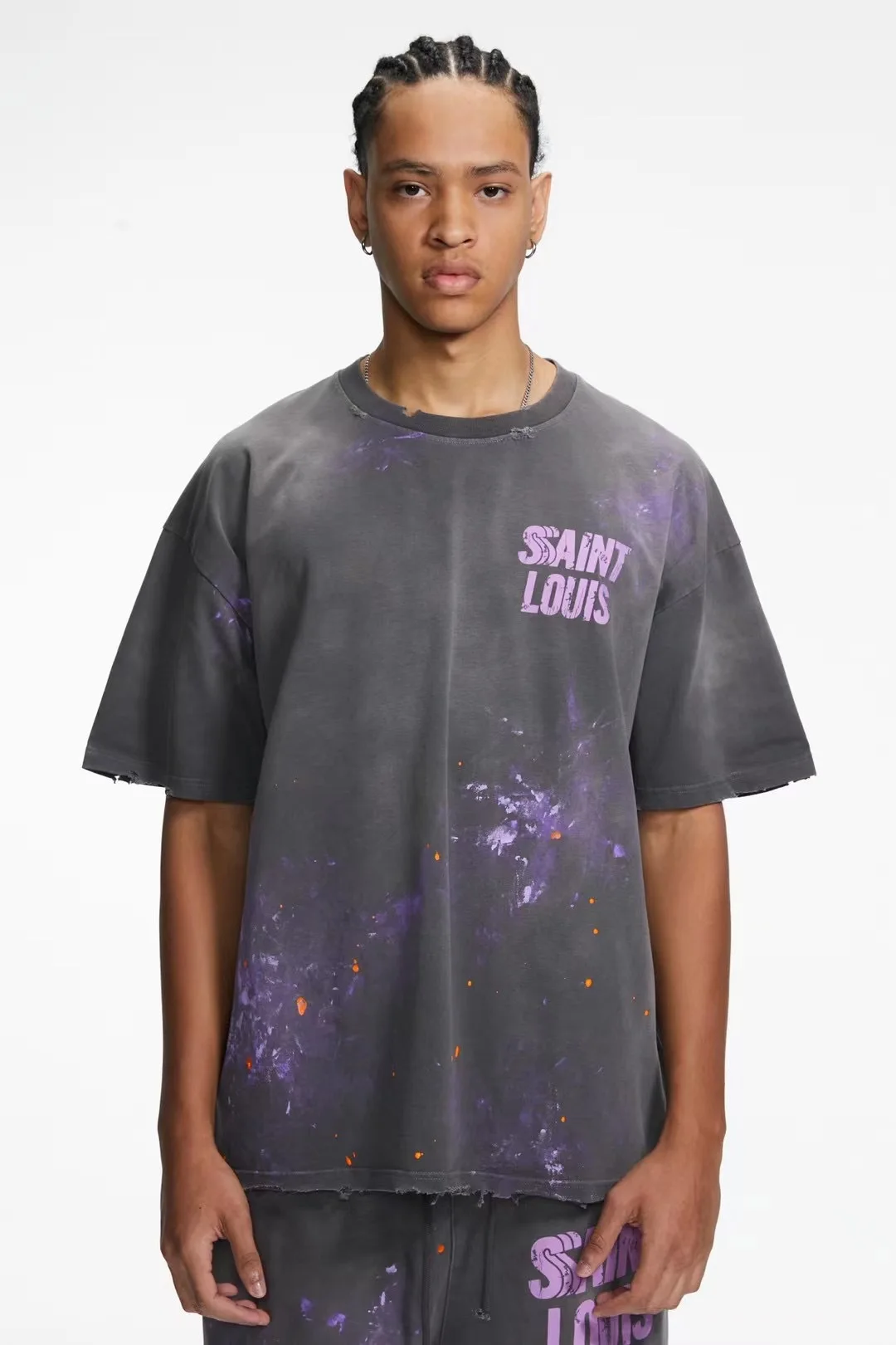 SSSAINT LOUIS Handmade distressed and dirty ink-painted damaged logo short-sleeved casual loose-fit trendy summer T-shirt