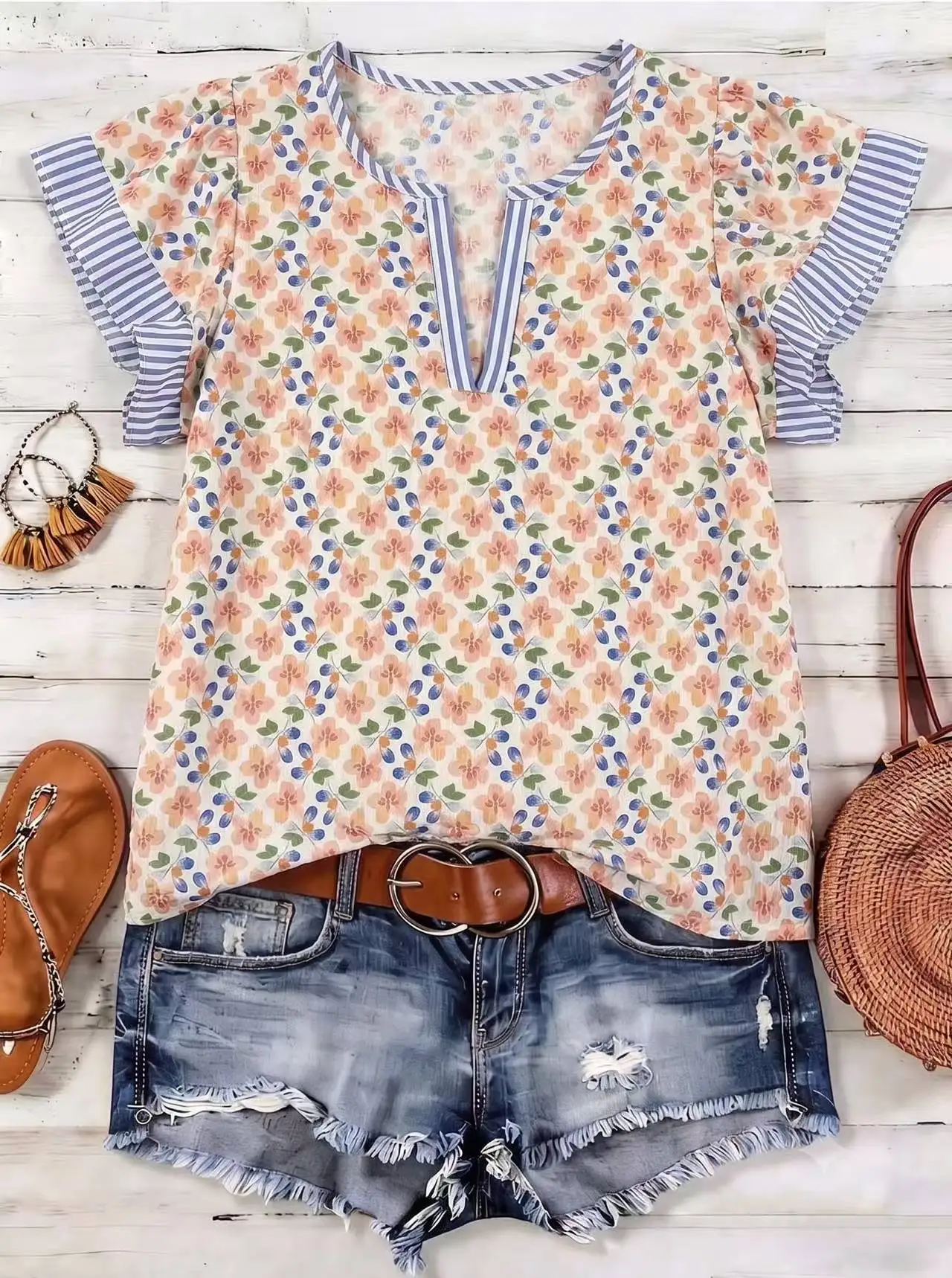 Women’s 100% Cotton Floral Blouse, V-Neck Striped Ruffle Sleeve Loose Casual Summer Top