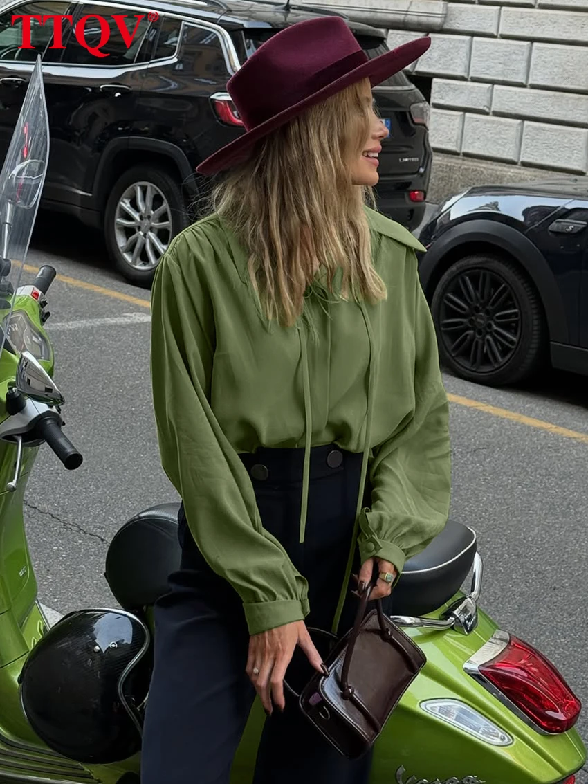 

TTQV Модная свободная зеленая офисная женская рубашка с отложным воротником и длинным рукавом, элегантный классический топ на шнуровке, женская одежда