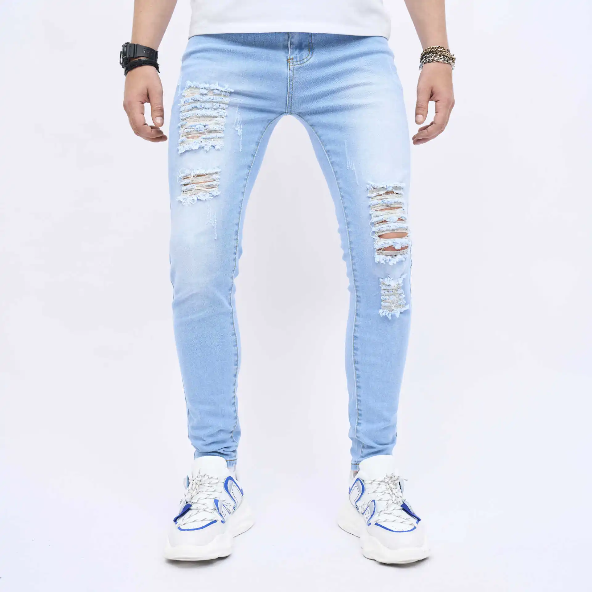 Men Hole Slim Jeans Cotton Stretchy Ripped Skinny Men's Denim Pants High Quality Brand Hip Hop Street Oversize Male Jeans Blue