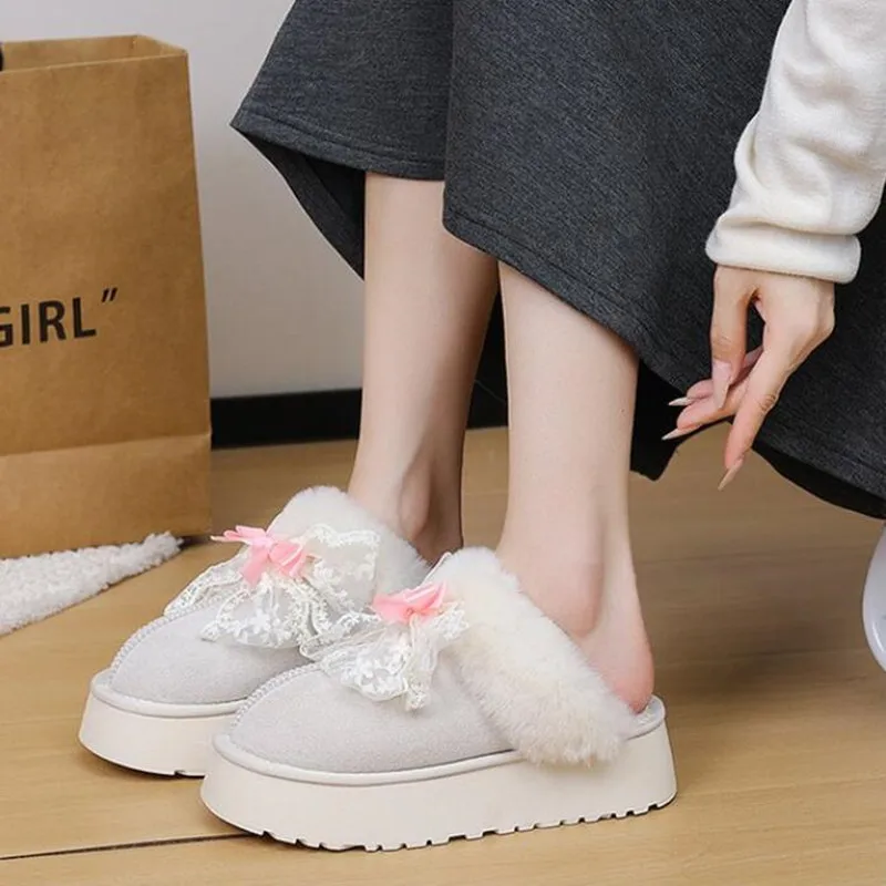 

Роскошные женские зимние теплые однотонные хлопковые тапочки с милым бантом, шлепанцы на толстой мягкой подошве, домашняя нескользящая домашняя обувь на плоской подошве