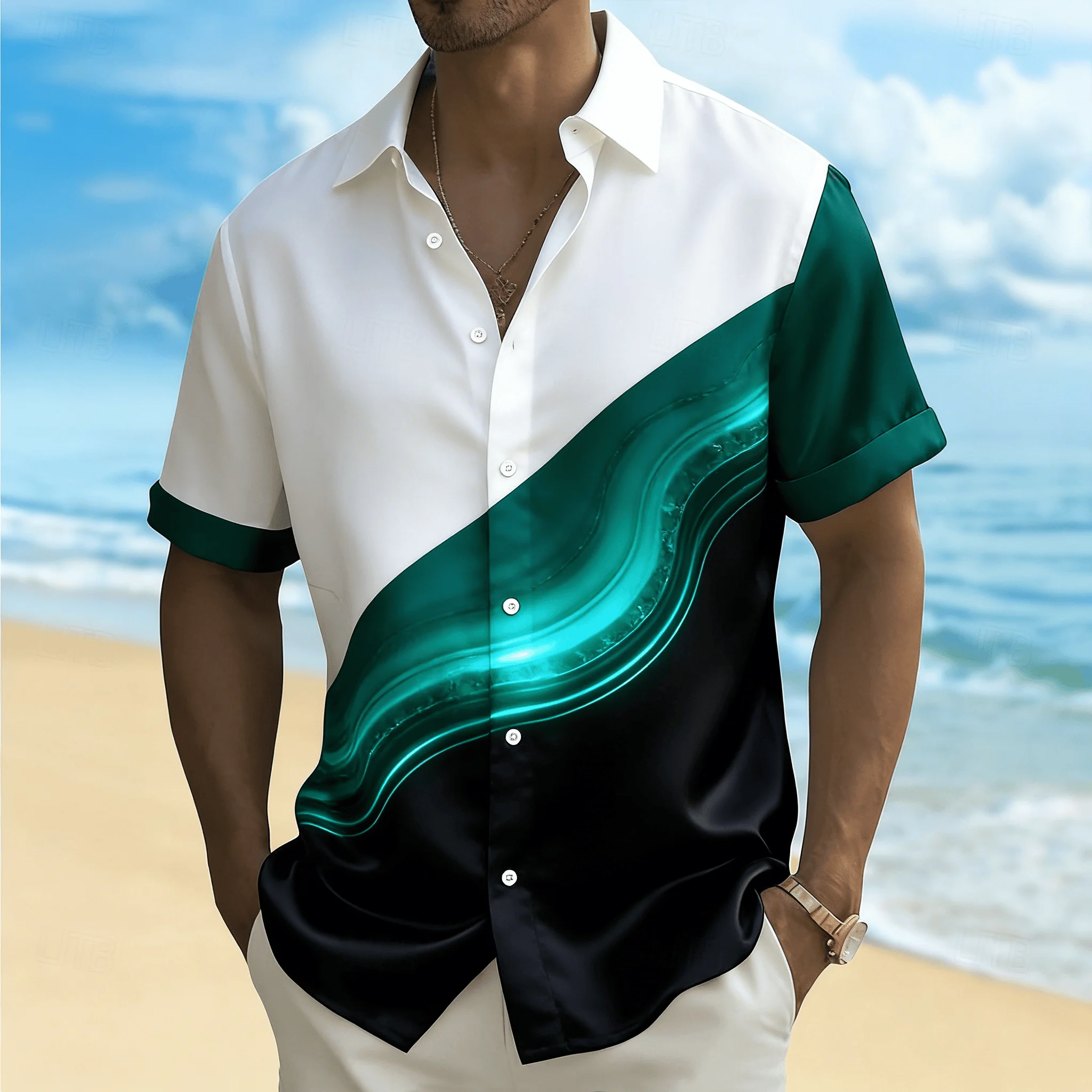 Men's Black White Split with Light Streak Print Short Sleeve Shirt, Modern Abstract Design Button Down for Spring Summer