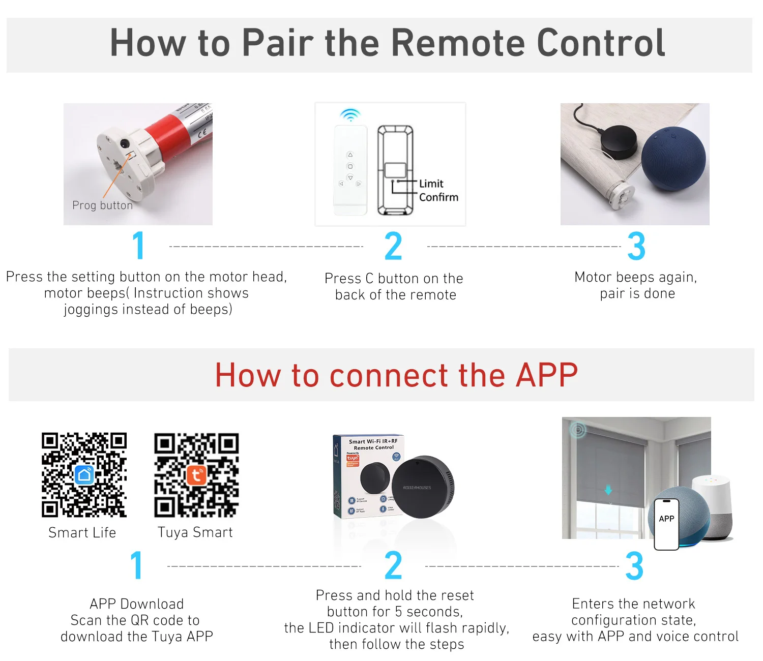 ERB22 Rechargeable Roller Shade Motor Remote Control for 28mm/32mm tubes, Plug Adapter DIY Solar Powered Smart Blinds