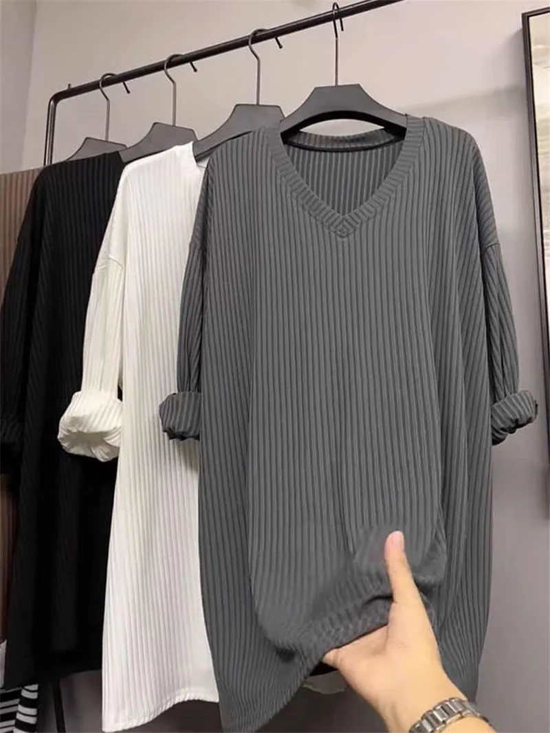 

Loose Long Sleeve V-Neck T-Shirt Women's Spring Base Shirt Sweatshirt Mid-Length Comfortable Korean Style Polyester Blend