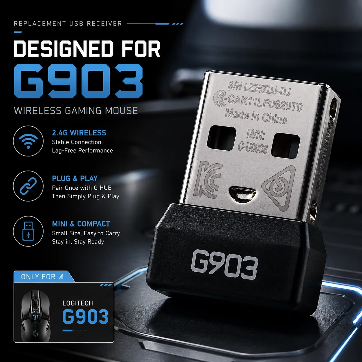 USB Receiver Adapter For Logitech G903 Wireless Gaming Mouse Dongle Replacement 2.4G USB Receiver