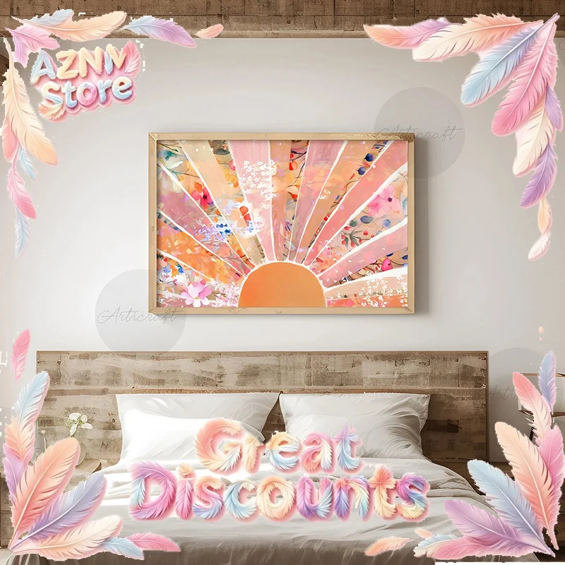 2026 Canvas Painting Sun Print Boho Orange & Blush Sun Watercolor Printable Floral Sun, Abstract Sunrise Wall Art Decor Modern