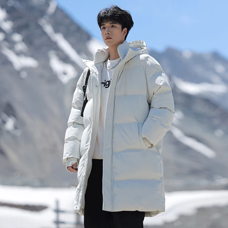 

White Thiened Long down Cotton Jaet Hooded Pure Color Youth Winter Warm Coat Men Women Teens Stand Fit Online Exclusive
