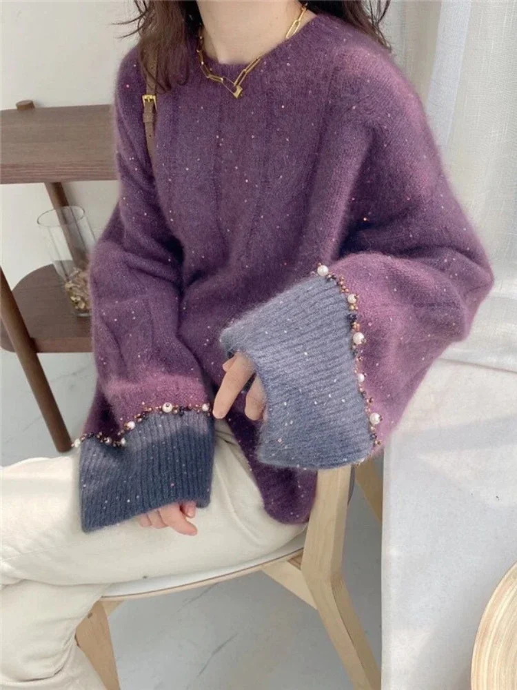 2024 Winter Fashion Retro Elegant Women's Hoodie Design Sense Nail Bead Sequin Long Sleeve Cashmere Cardigan Long Sleeve Sweater